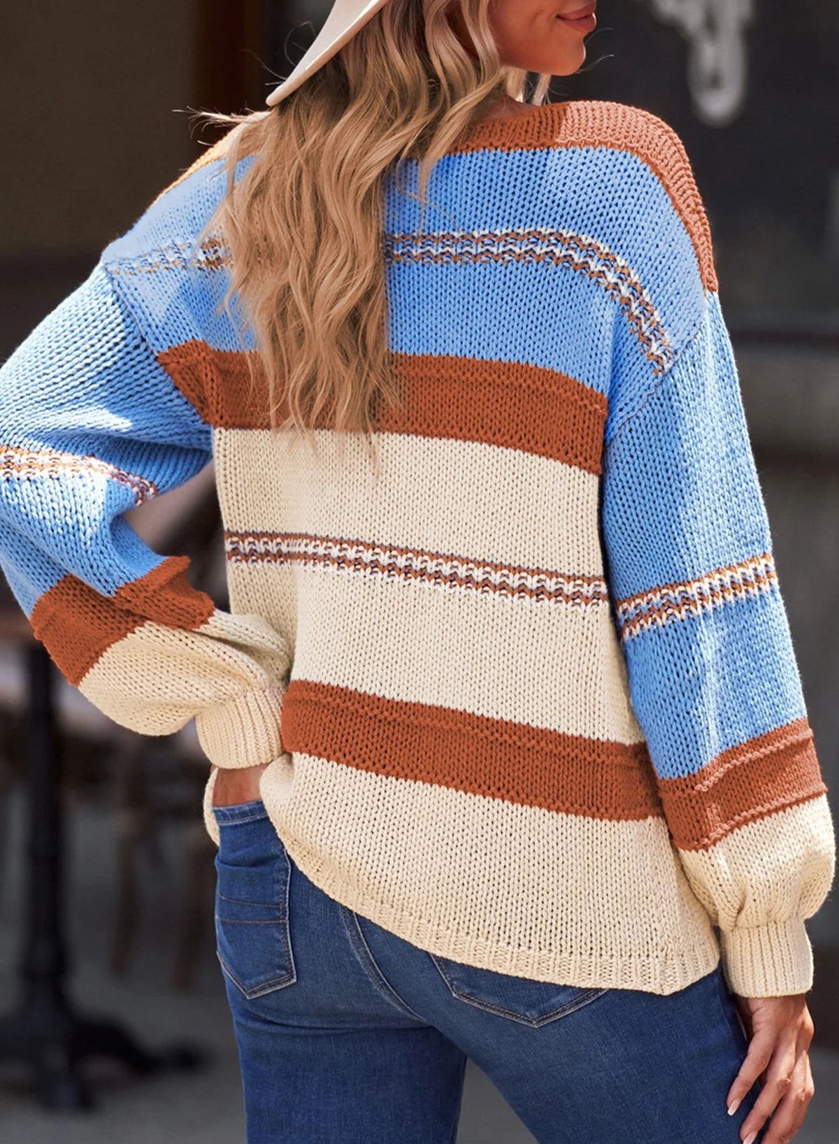 Womens V-Neck Knitted Lantern Sleeve Pullover Sweater Fashion Color Block Cable Knit Jumper Tops S 4-6