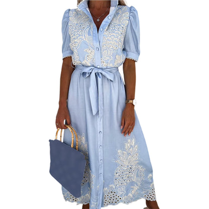 Embroidery Women Chic Lace up Midi Dress Elegant Lapel Short Sleeve Single Breasted Vestidos 2023 Summer Lady Fashion Streetwear